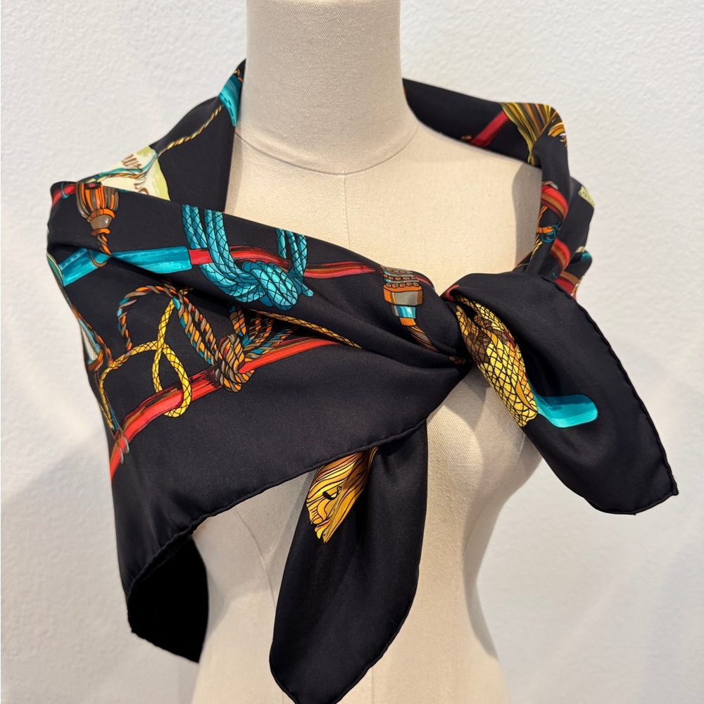 (SOLD) Hermès “Passementerie” Silk Scarf – Navy/Gold/Turquoise – 90cm